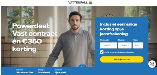 Gratis 350 euro cashback bij 1 jaar Vattenfall