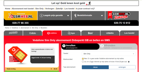 126 euro casback bij Vodafone Sim Only abonnement van Gsmweb