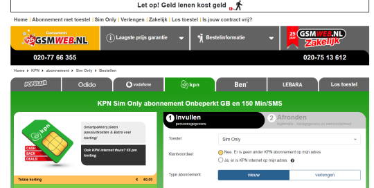 36 euro casback bij KPN Sim Only abonnement van Gsmweb