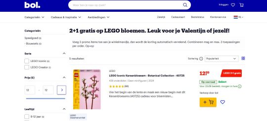 2+1 gratis op LEGO bloemen bji Bol.com