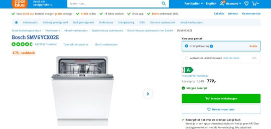 75 euro cashback bij Bosch vaatwasser van Coolblue